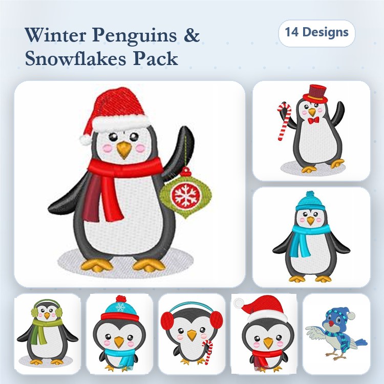 Winter Penguin Embroidery Designs Bundle – Penguin with Ornament, Penguin with Candy Cane, Penguin with Scarf & More (14 Designs)