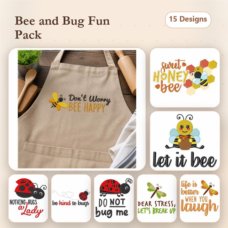 Bee & Bug Embroidery Designs Bundle – Don't Worry Bee Happy, Sweet Honey Bee, Ladybug Design & More (15 Designs)