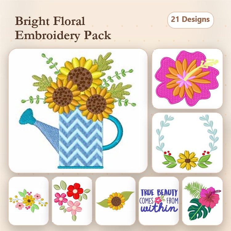 Floral Arrangements Embroidery Designs Bundle – Watering Can with Sunflowers, Pink Floral Arrangement & More (21 Designs)