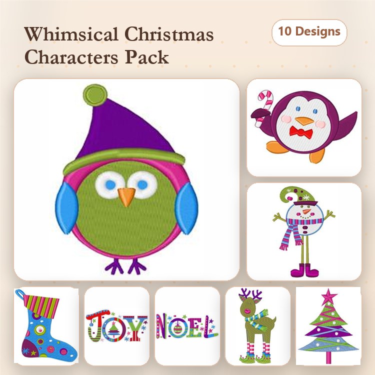 Whimsical Christmas Characters Embroidery Designs Bundle – Owl with Hat, Penguin with Bow Tie, Snowman with Scarf & More (10 Designs)
