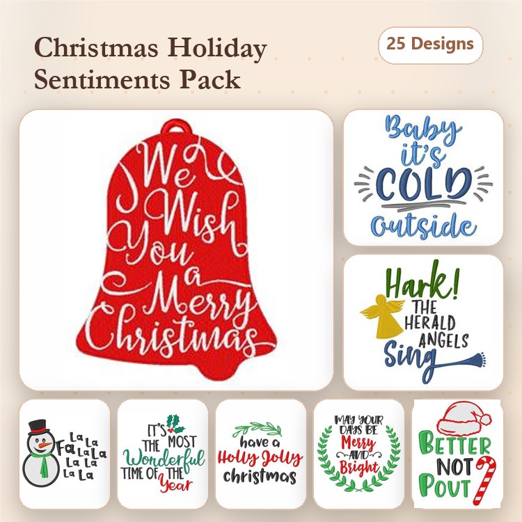 Christmas Sentiments Embroidery Designs Bundle – Merry Christmas Bell, Baby it's Cold Outside & More (25 Designs)