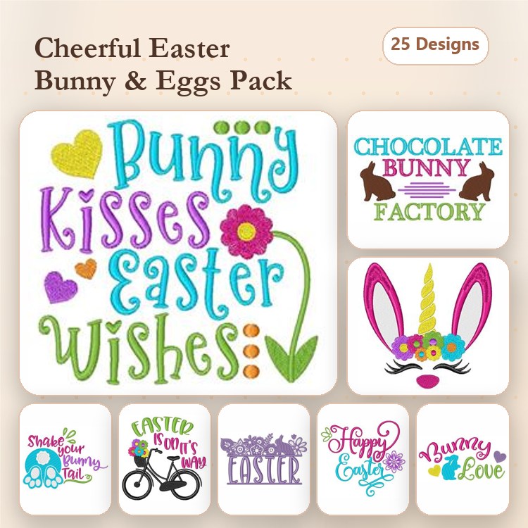 Easter Bunny & Eggs Embroidery Designs Bundle – Bunny Kisses Easter Wishes, Chocolate Bunny Factory, Unicorn Bunny & More (25 Designs)