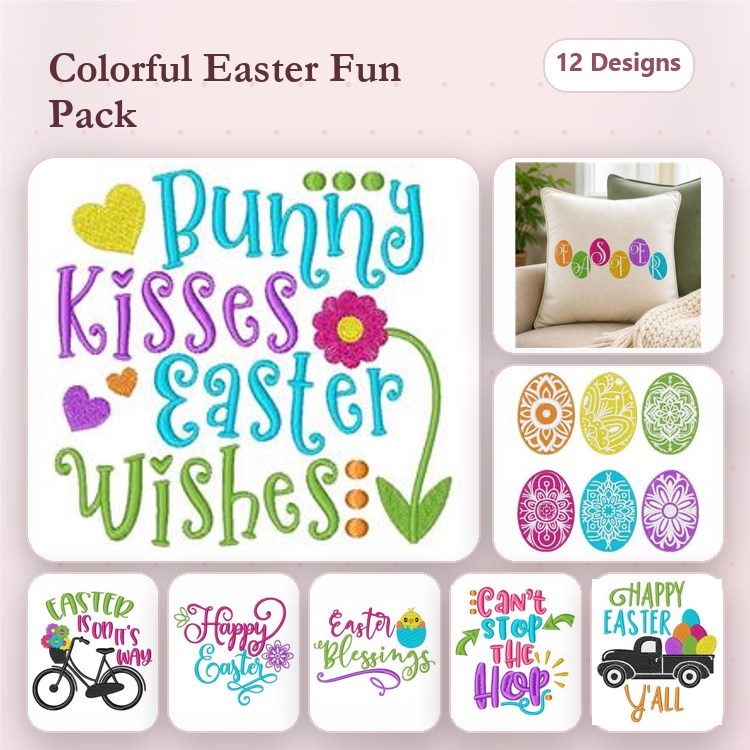 Colorful Easter Greetings Embroidery Designs Bundle – Punny Easter Wishes, Happy Easter Y'all, & More (12 Designs)