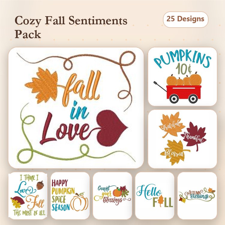 Cozy Fall Sentiments Embroidery Designs Bundle – Fall in Love, Pumpkins, I Love Fall & More (25 Designs)
