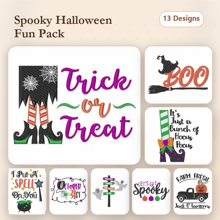 Halloween Themed Embroidery Designs Bundle – Witch's Legs with Web, Pumpkin Faces, Haunted House & More (13 Designs)