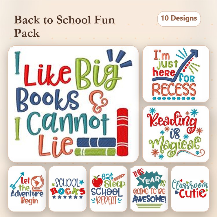 Back to School Embroidery Designs Bundle – I Like Big Books & I Cannot Lie, Reading is Magical, School Rocks & More (10 Designs)