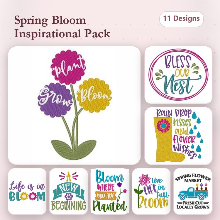 Spring Flowers Embroidery Designs Bundle – Flower Bouquet, Rain Drop Kisses, Bloom Where You're Planted & More (11 Designs)
