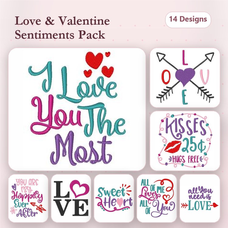 Love & Valentine Sentiments Embroidery Designs Bundle – I Love You The Most, Happy Valentine's Day, Love & More (14 Designs)