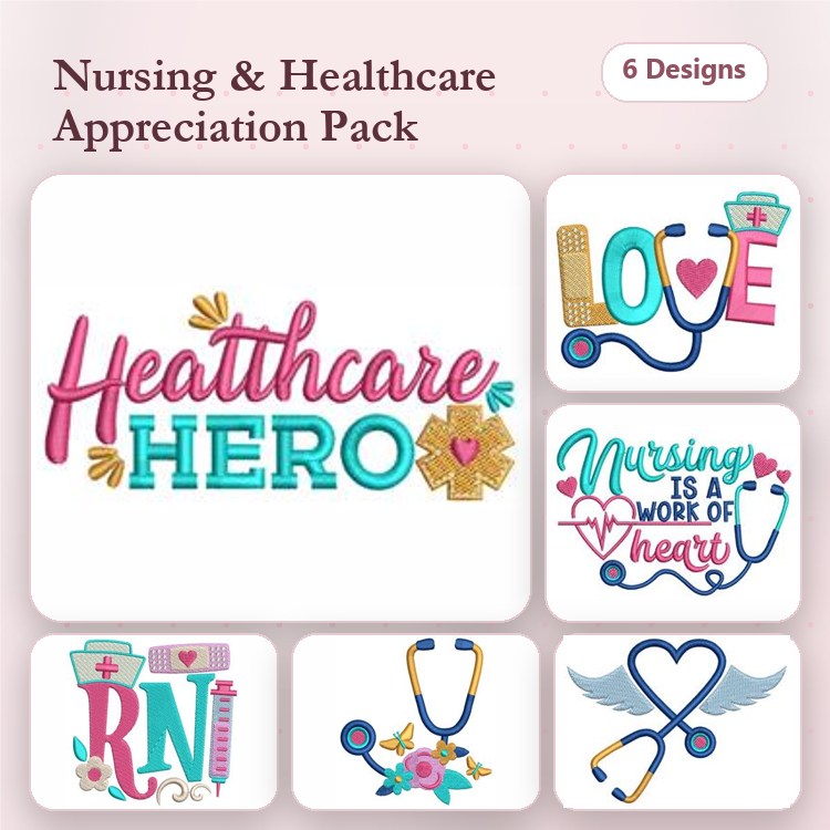 Healthcare Appreciation Embroidery Designs Bundle – Healthcare Hero, Stethoscope, RN & More (6 Designs)