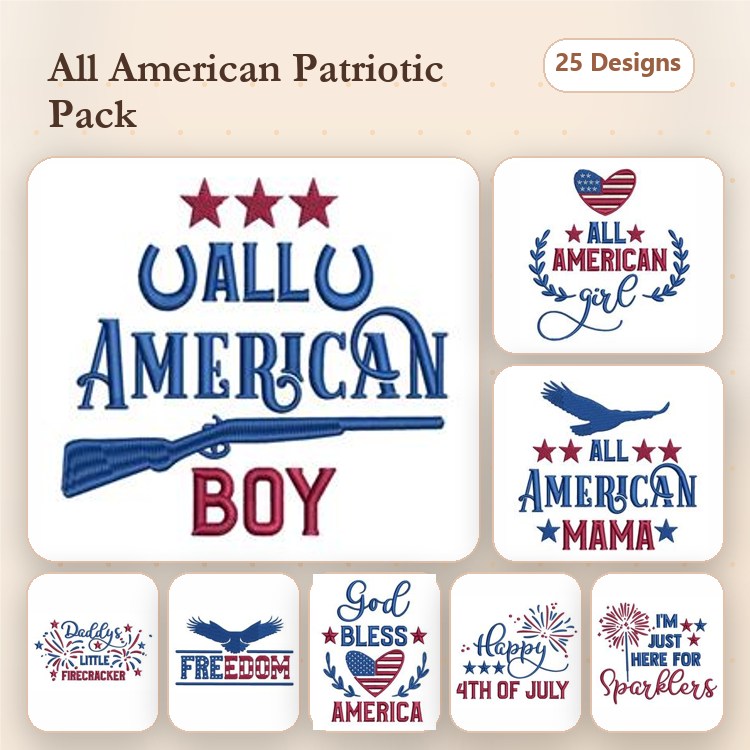 Patriotic American Themes Embroidery Designs Bundle – All American Boy, All American Girl, God Bless America & More (25 Designs)