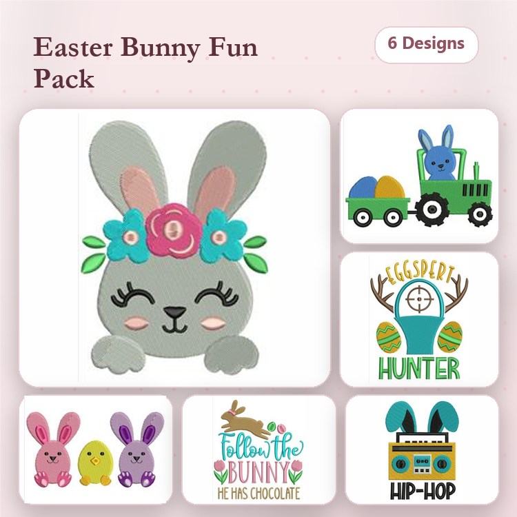 Easter Bunny Embroidery Designs Bundle – Easter Bunny with Flowers, Colorful Bunny, Tractor with Bunny & More (6 Designs)