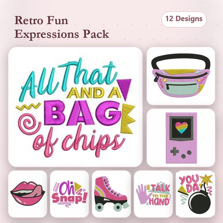 Retro Expressions & Icons Embroidery Designs Bundle – All That and a Bag of Chips, Game Boy, Fanny Pack & More (12 Designs)