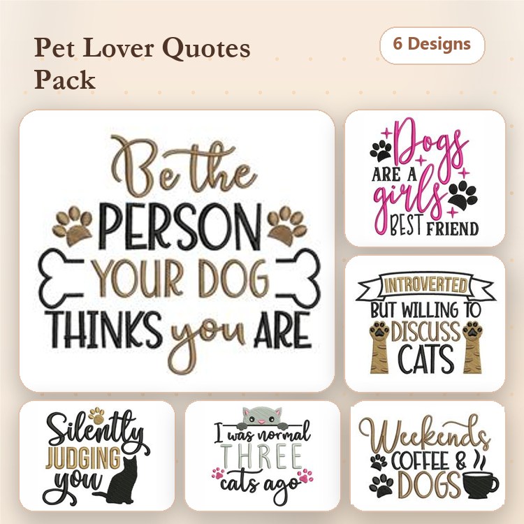 Dog & Cat Quotes Embroidery Bundle – Fun Sayings (6 Designs)