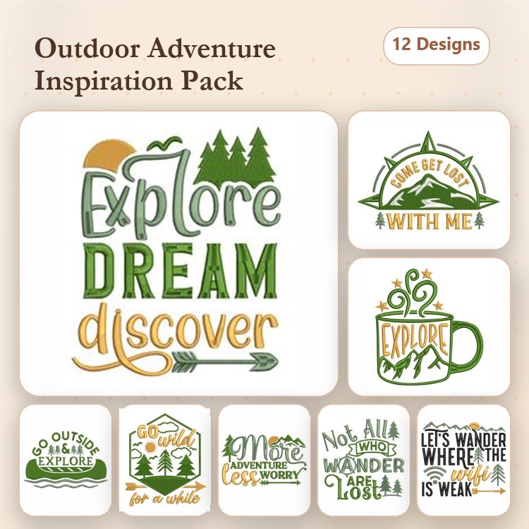 Outdoor Adventure Embroidery Designs Bundle – Explore Dream Discover, Come Get Lost with Me, & More (12 Designs)