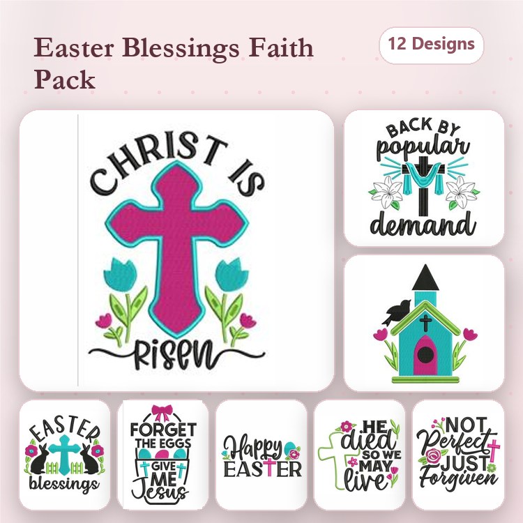 Easter Faith Embroidery Designs Bundle – Christ is Risen Cross, Happy Easter, Easter Blessing & More (12 Designs)