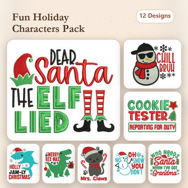 Holiday Character Embroidery Designs Bundle – Dear Santa, The Elf Lied, Cookie Tester Reporting for Duty & More (12 Designs)