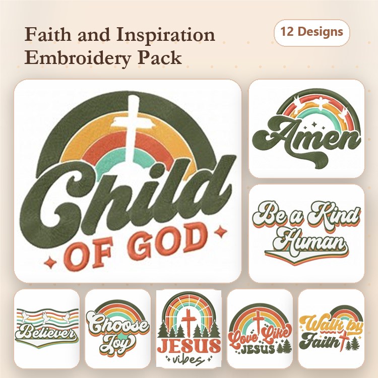 Faith and Inspiration Embroidery Designs Bundle – Child of God, Amen, Be a Kind Human & More (12 Designs)