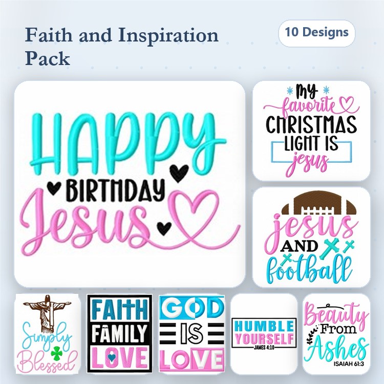 Faith & Inspirational Embroidery Designs Bundle – Happy Birthday Jesus, Simply Blessed, God is Love & More (10 Designs)