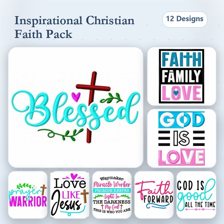 Christian Faith Embroidery Designs Bundle – Blessed with Cross, Faith Family Love, God is Love & More (12 Designs)