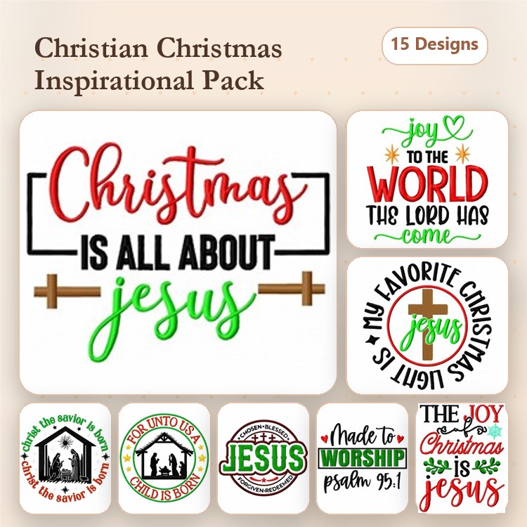Christian Christmas Themes Embroidery Designs Bundle – Christmas is All About Jesus, Joy to the World, & More (15 Designs)