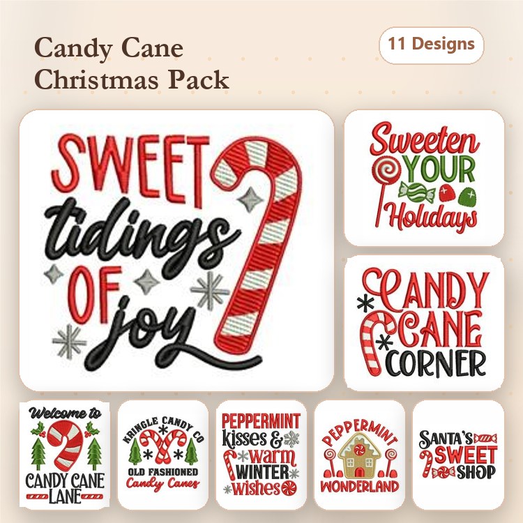 Christmas Candy Cane Embroidery Designs Bundle – Sweet Tidings of Joy, Santa's Sweet Shop, Candy Cane Lane & More (11 Designs)