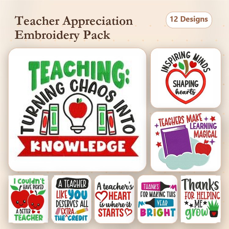Teacher Appreciation Embroidery Designs Bundle – Teacher Quote with Apple, Shaping Hearts, Teachers Make Learning Magical & More (12 Designs)
