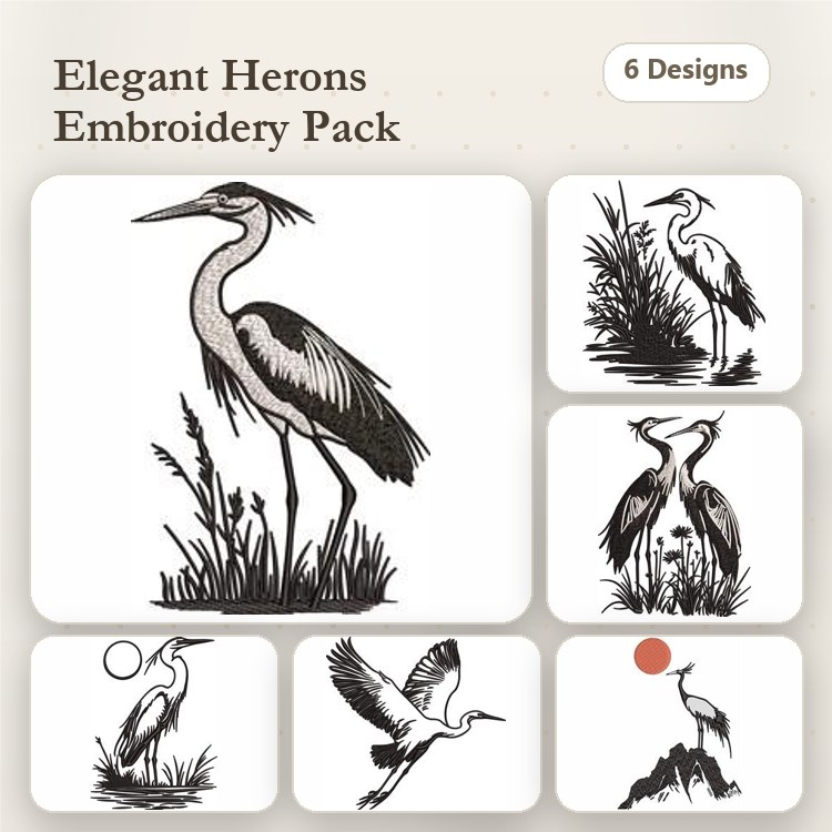Elegant Herons Embroidery Bundle – Stunning Bird Designs (6 Designs)