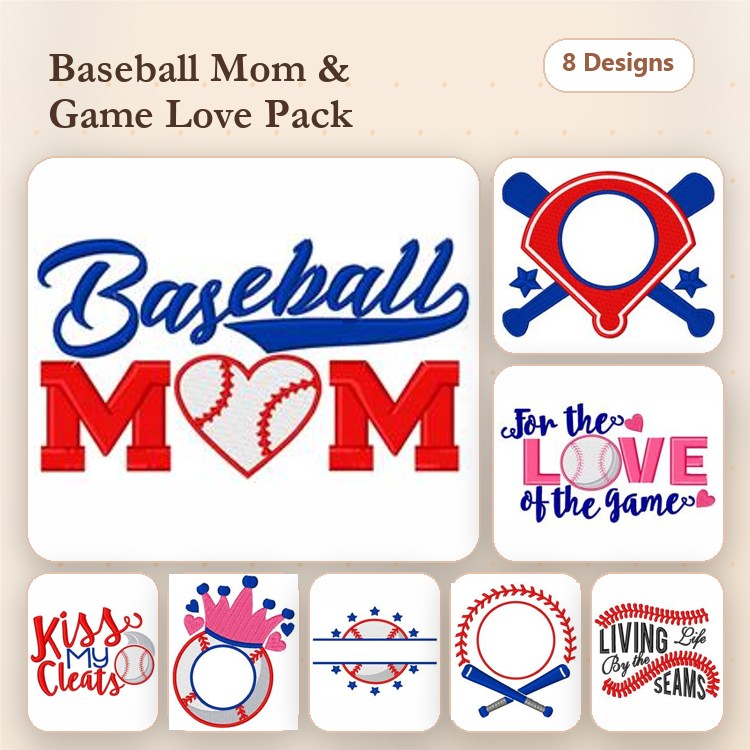 Baseball Mom & Fan Embroidery Designs Bundle – Baseball Mom with Heart, For the Love of the Game & More (8 Designs)