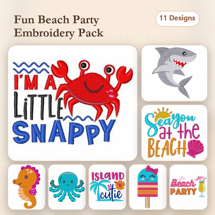 Beach Party Embroidery Designs Bundle – I'm a Little Snappy Crab, Shark, Seahorse & More (11 Designs)