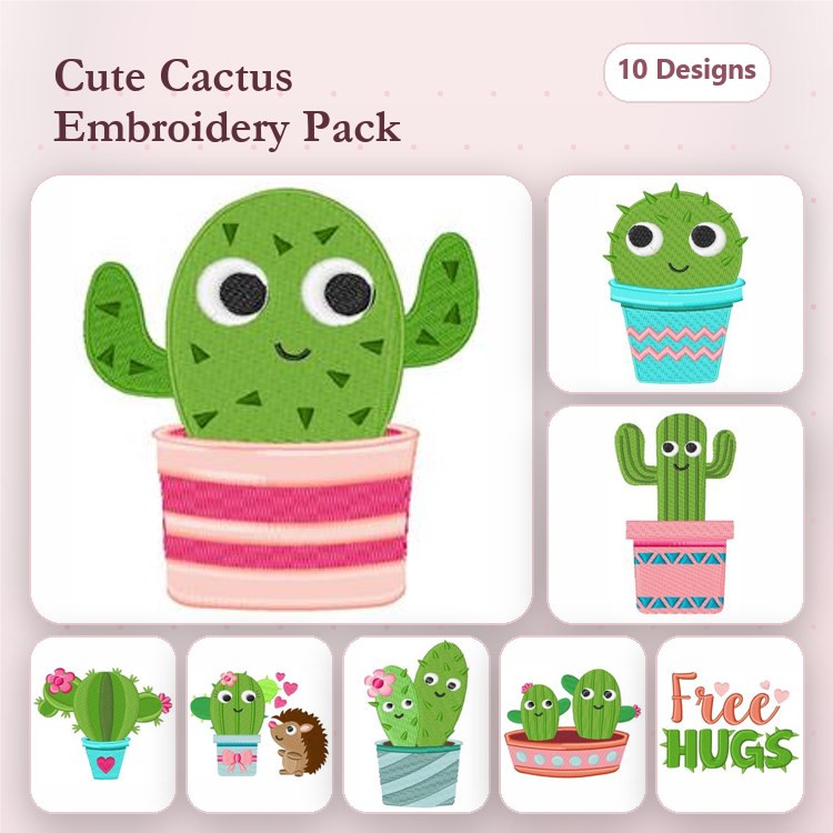 Cute Cactus Embroidery Designs Bundle – Smiling Cactus in Pot, Cactus with Stripes, Cactus with Big Eyes & More (10 Designs)