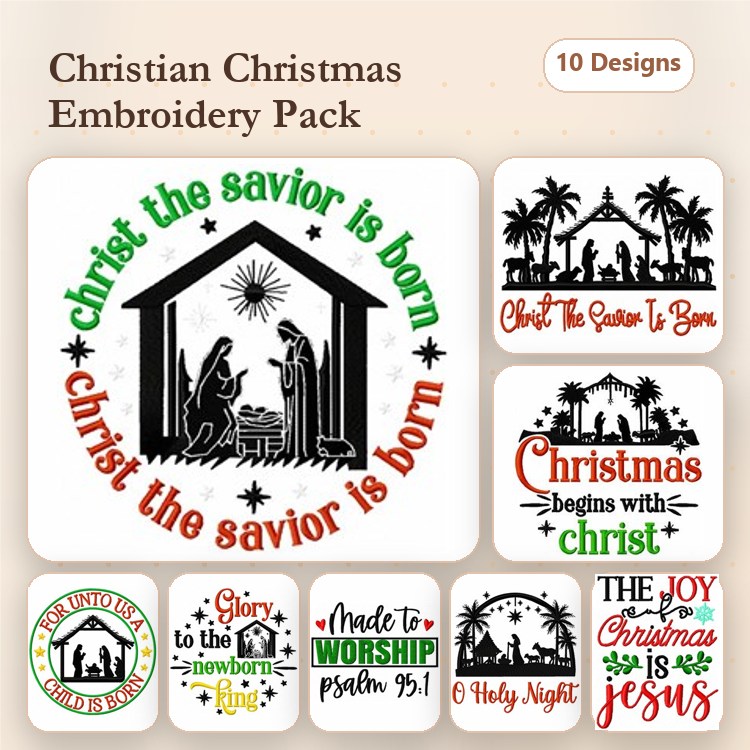 Christian Christmas Embroidery Designs Bundle – Nativity Scene, Glory to the Newborn King & More (10 Designs)