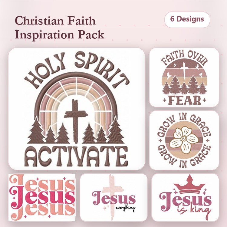 Christian Faith Embroidery Designs Bundle – Holy Spirit Activation, Faith Over Fear, Jesus is King & More (6 Designs)