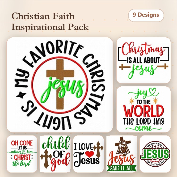 Christian Faith Inspirational Embroidery Designs Bundle – My Favorite Christmas Light is Jesus, Christmas is All About Jesus, & More (9 Designs)