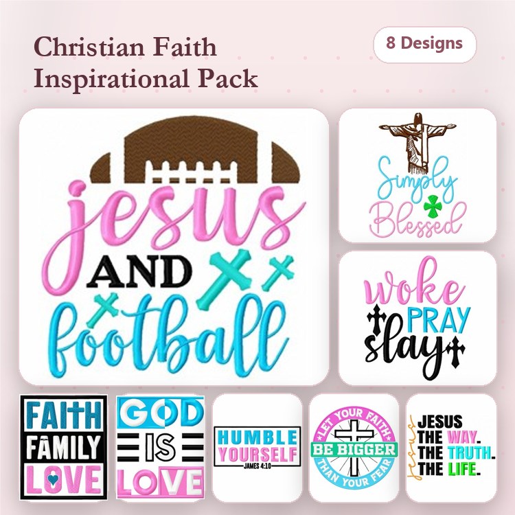 Christian Faith Inspirational Embroidery Designs Bundle – Jesus and Football, Simply Blessed, Woke Pray Slay & More (8 Designs)