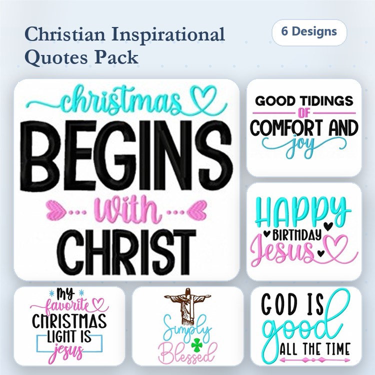 Christian Inspirational Quotes Embroidery Designs Bundle – Christmas Begins with Christ, Good Tidings of Comfort & Joy, & More (6 Designs)