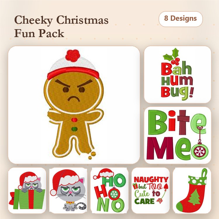 Cheeky Christmas Embroidery Designs Bundle – Gingerbread Man, Santa Owl, Bah Hum Bug & More (8 Designs)