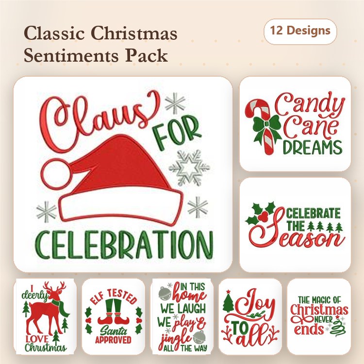 Redwork Christmas Sentiments Embroidery Designs Bundle – Claus for Celebration, Candy Cane Dreams, Joy to All & More (12 Designs)