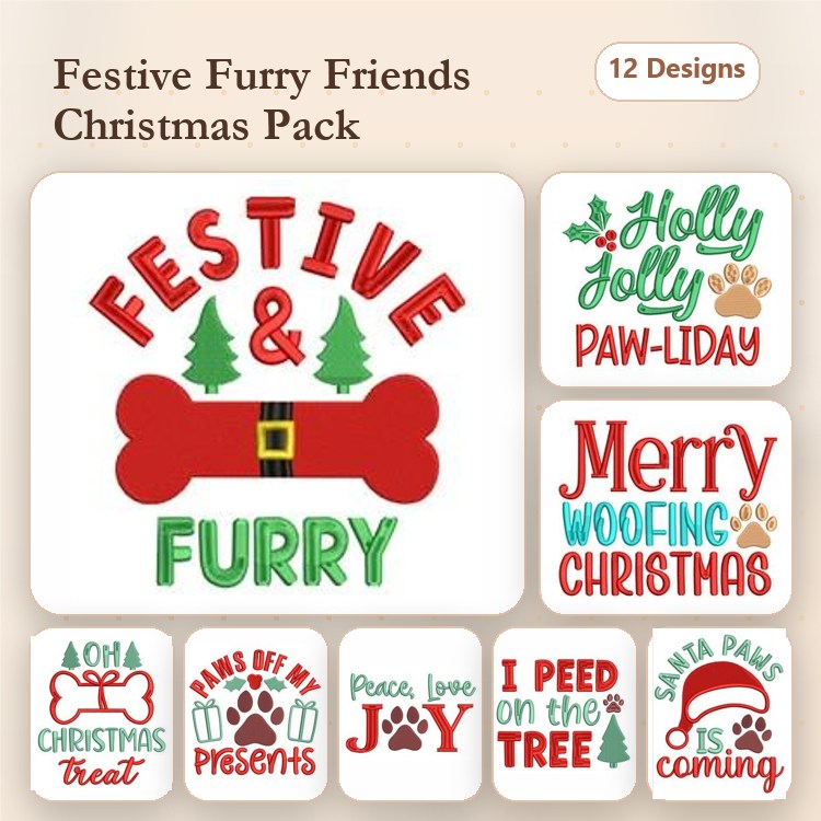 Holiday Dog Themed Embroidery Bundle – Festive Designs (12 Designs)