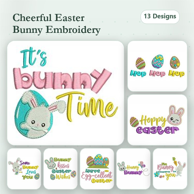 Easter Bunny Embroidery Designs Bundle – Bunny with Eggs, Colorful Easter Egg, Easter Joy & More (13 Designs)