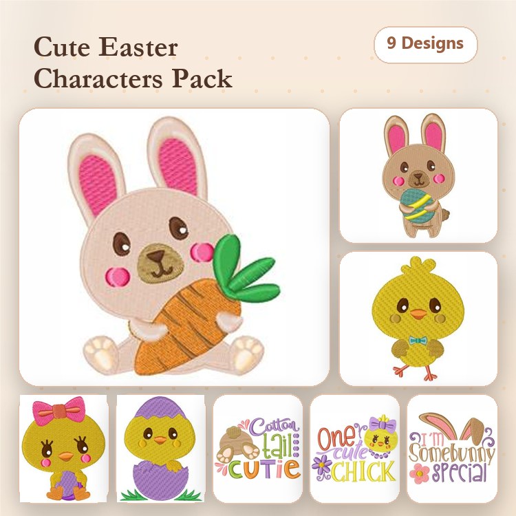 Easter Characters Embroidery Designs Bundle – Bunny with Carrot, Easter Bunny, Cute Chick & More (9 Designs)