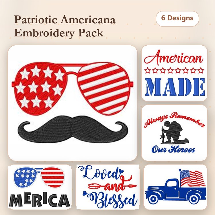 Patriotic Americana Embroidery Designs Bundle – American Flag Sunglasses, Merica Sayings, Classic Pickup Truck & More (6 Designs)