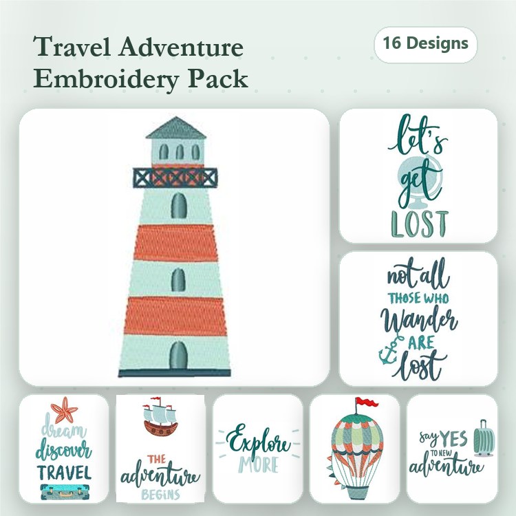 Travel Adventure Embroidery Designs Bundle – Lighthouse, Hot Air Balloon, Explore More & More (16 Designs)