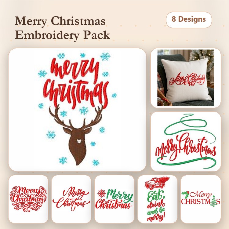 Christmas Embroidery Designs Bundle – Merry Christmas with Antlers, Merry Christmas Script Red & More (8 Designs)