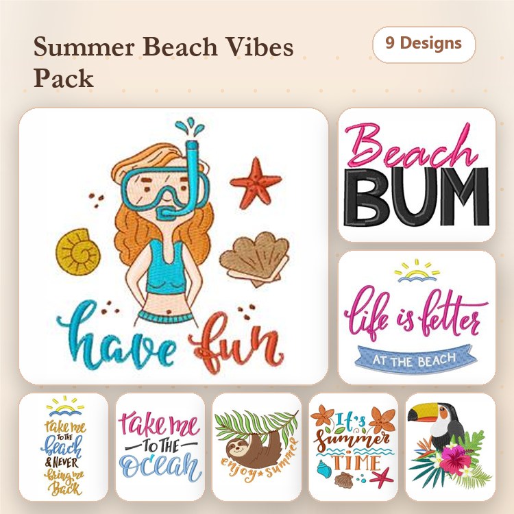 Summer Beach Activities Embroidery Bundle – Snorkeling Girl, Beach Bum, Life is Better at the Beach & More (9 Designs)