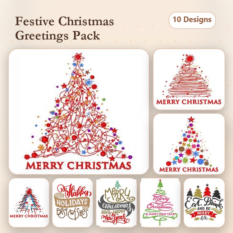 Christmas Tree Embroidery Designs Bundle – Merry Christmas Tree, Red Christmas Tree with Ornaments, & More (10 Designs)