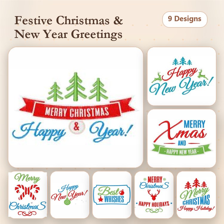 Christmas & New Year Greetings Embroidery Designs Bundle – Merry Christmas, Happy New Year, Xmas and Happy New Year & More (9 Designs)