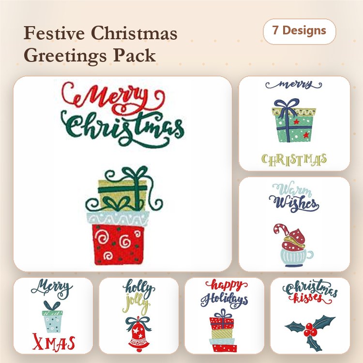 Christmas Greetings Embroidery Designs Bundle – Merry Christmas, Christmas Gifts, Happy Holidays & More (7 Designs)