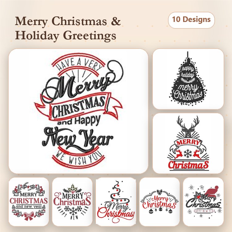 Christmas Greeting Embroidery Designs Bundle – Merry Christmas Badge, Happy New Year Greeting, Christmas Tree Design & More (10 Designs)