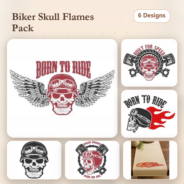 Biker Skull and Flames Embroidery Designs Bundle – Born to Ride Skull with Wings, Skull with Goggles, & More (6 Designs)