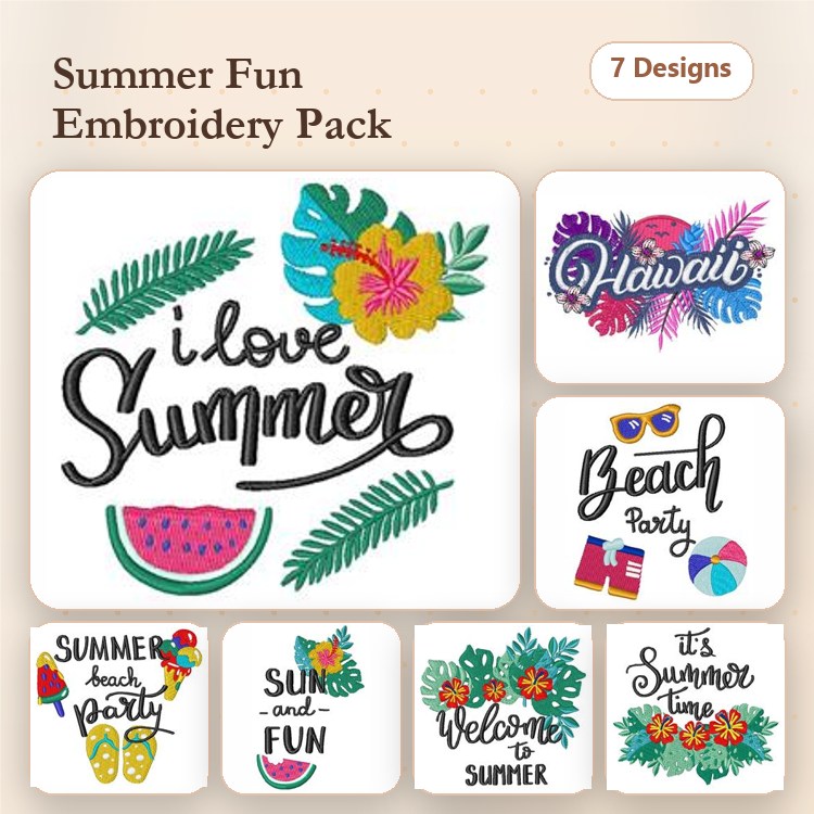 Summer Embroidery Designs Bundle – I Love Summer, Beach Party, Hawaii & More (7 Designs)